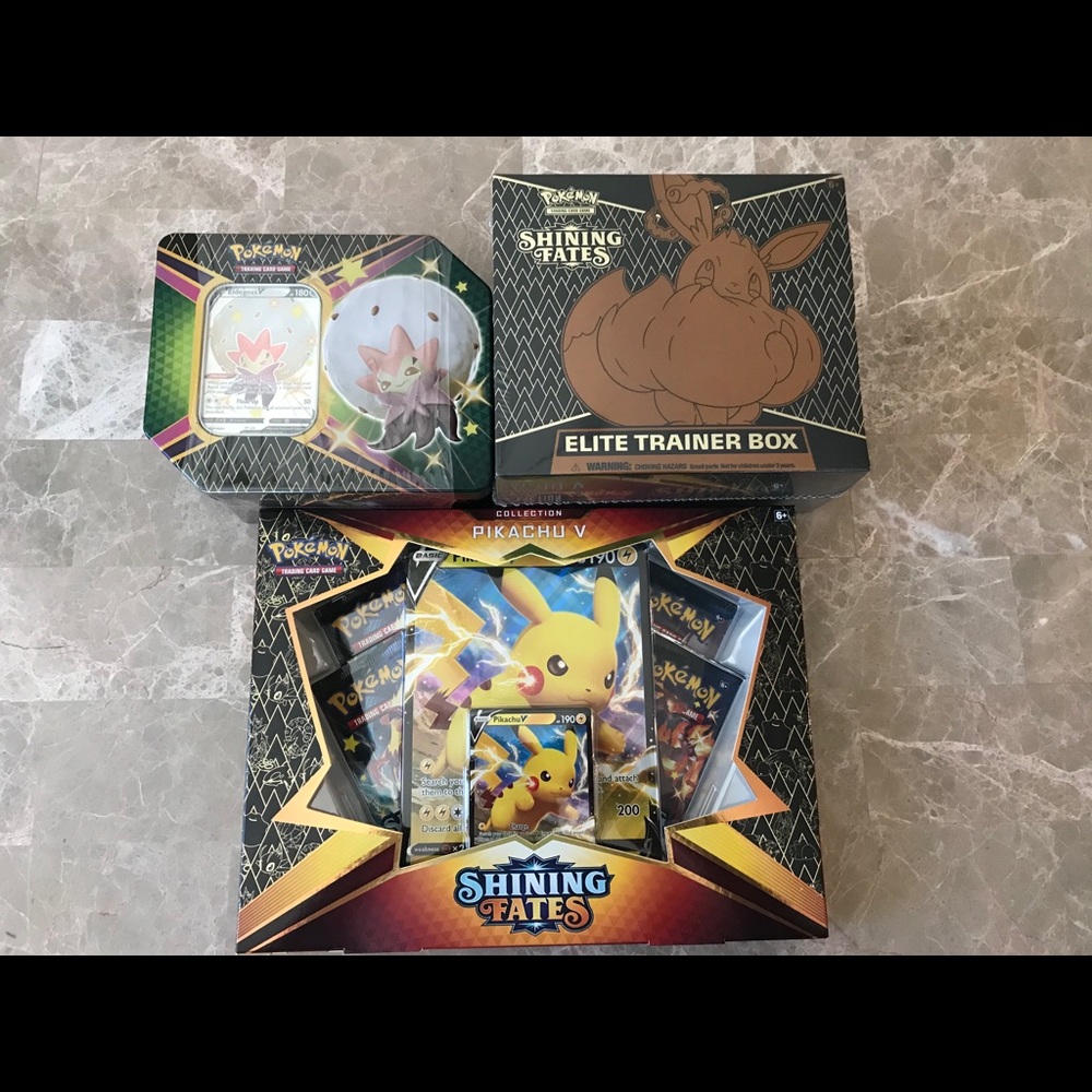 Shining Fates ETB, Pikachu V and Eldegoss V Tin